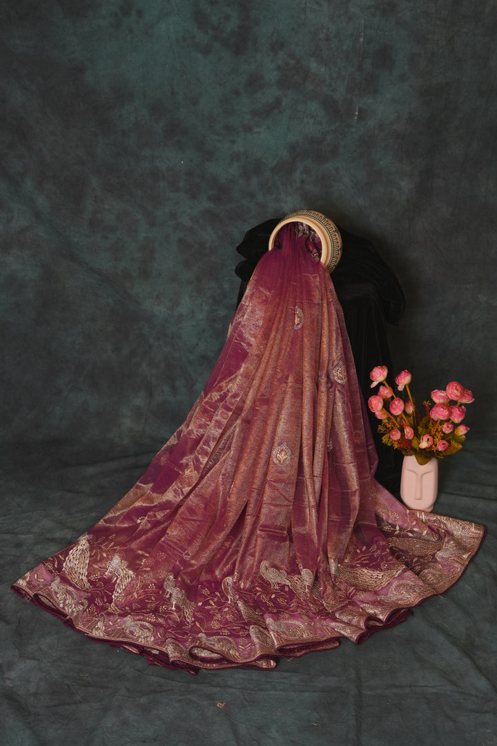 Deep Wine Purple with peacock design  Antique Gold Shimmer Organza tissue Saree
