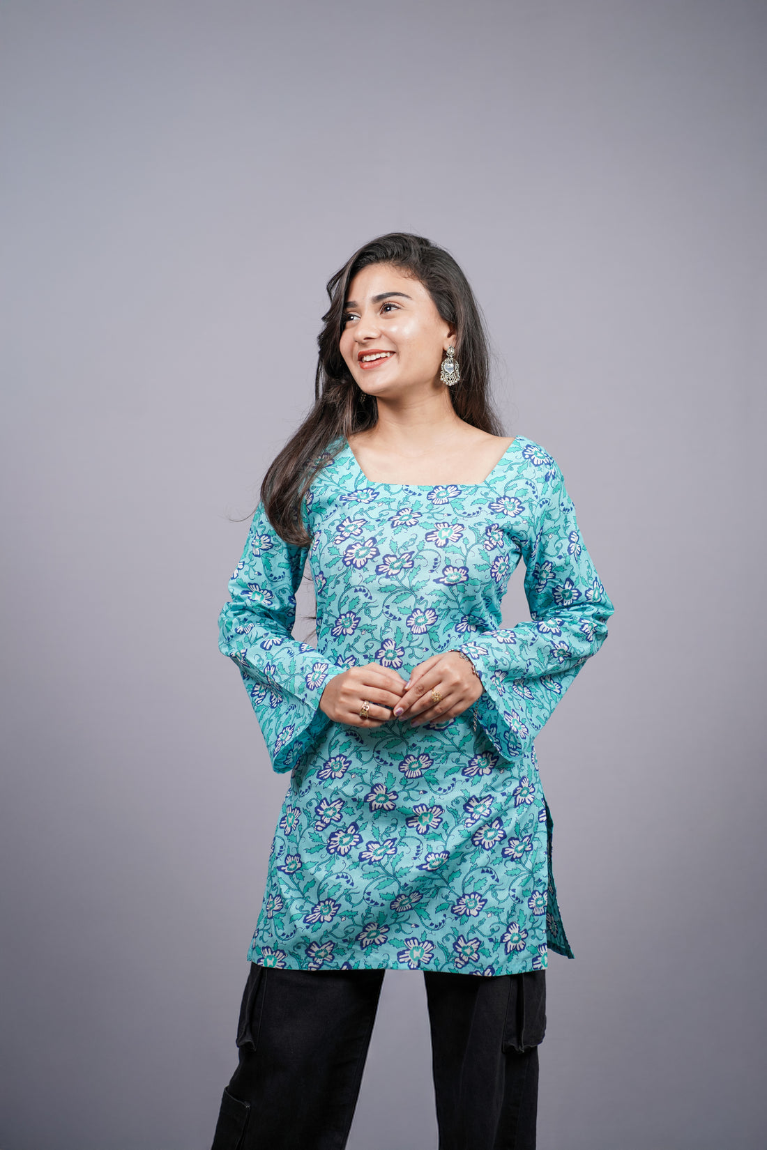 Tarini Teal Floral Jaipuri Short Kurti