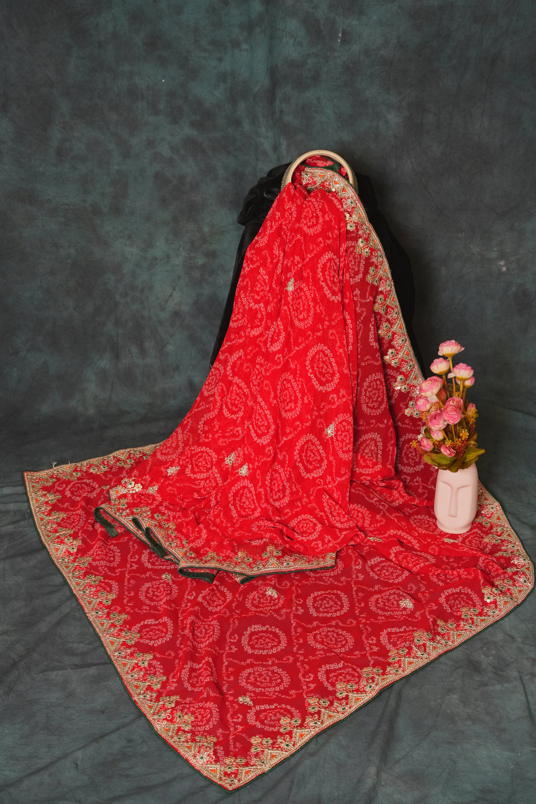 Classic Bridal Red with Antique Gold and Green Bandhani Saree