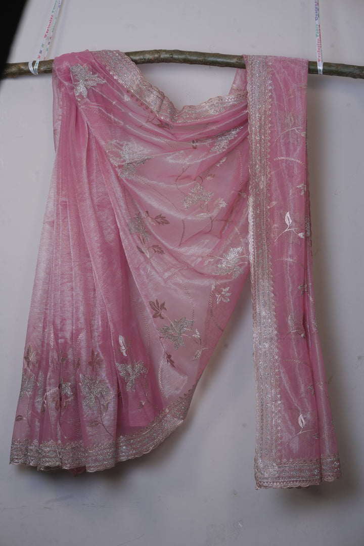 Salmon Pink Light Weight Premium Organza Saree With Leaf Embroidary Jari Border