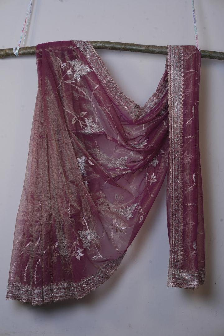 Mauve Wine Light Weight Premium Organza Saree With leaf Embroidary Border