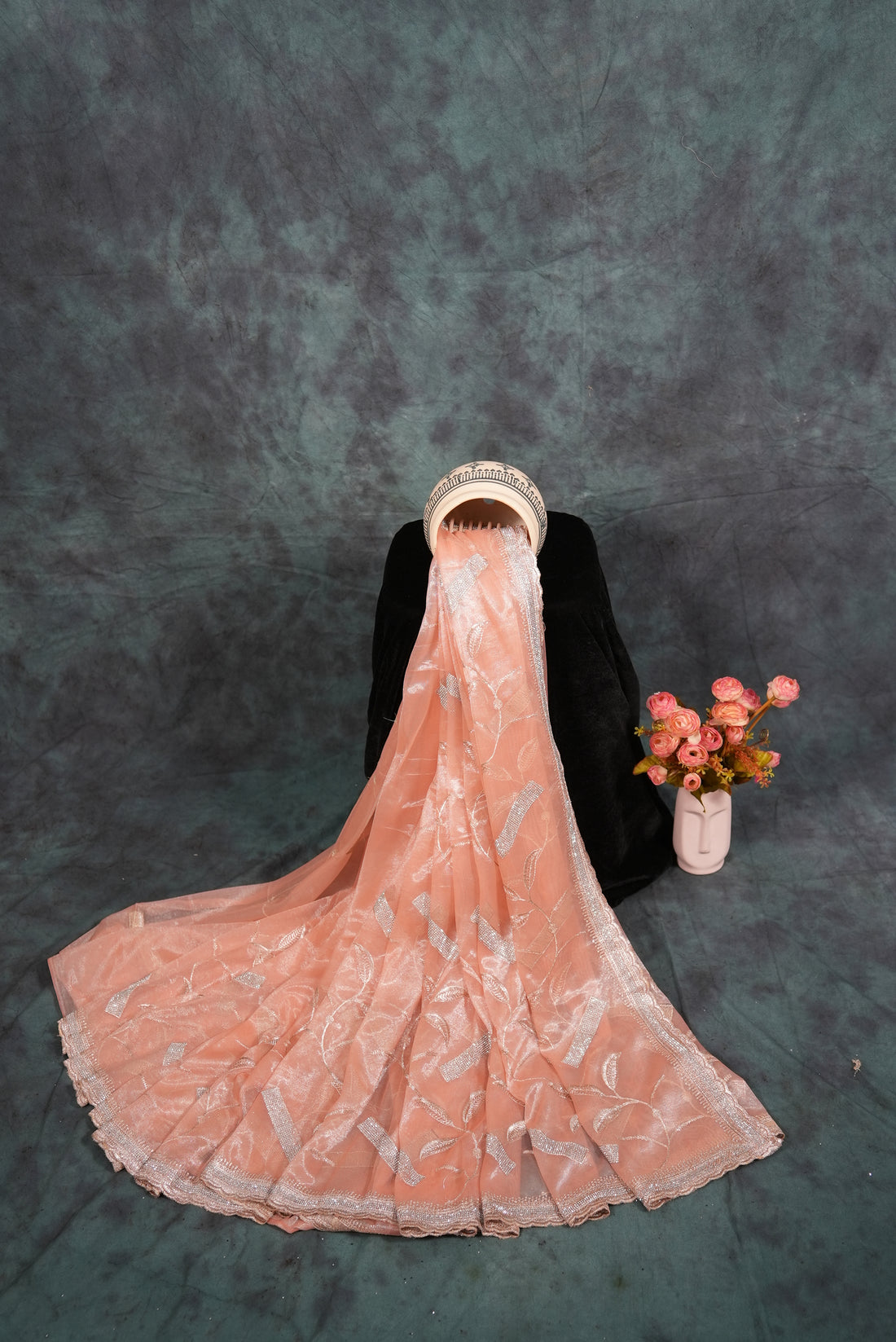 ISHNA Pastel Peach Organza Tissue Saree