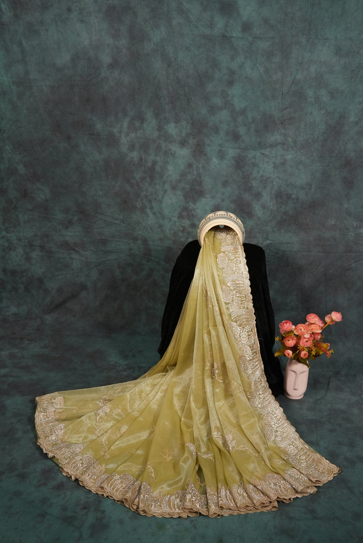 ISHNA Pastel Pista Green Organza Tissue Saree