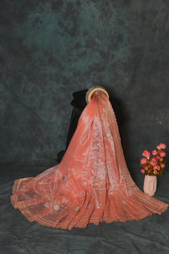 Blush Peach with subtle silver-gold  Shimmer Organza Tissue Saree