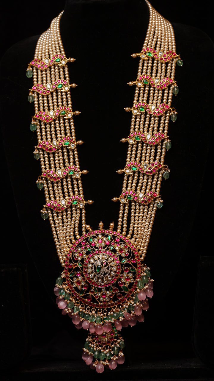 Maharani Multi-layer Pearl Ruby-Emerald haram