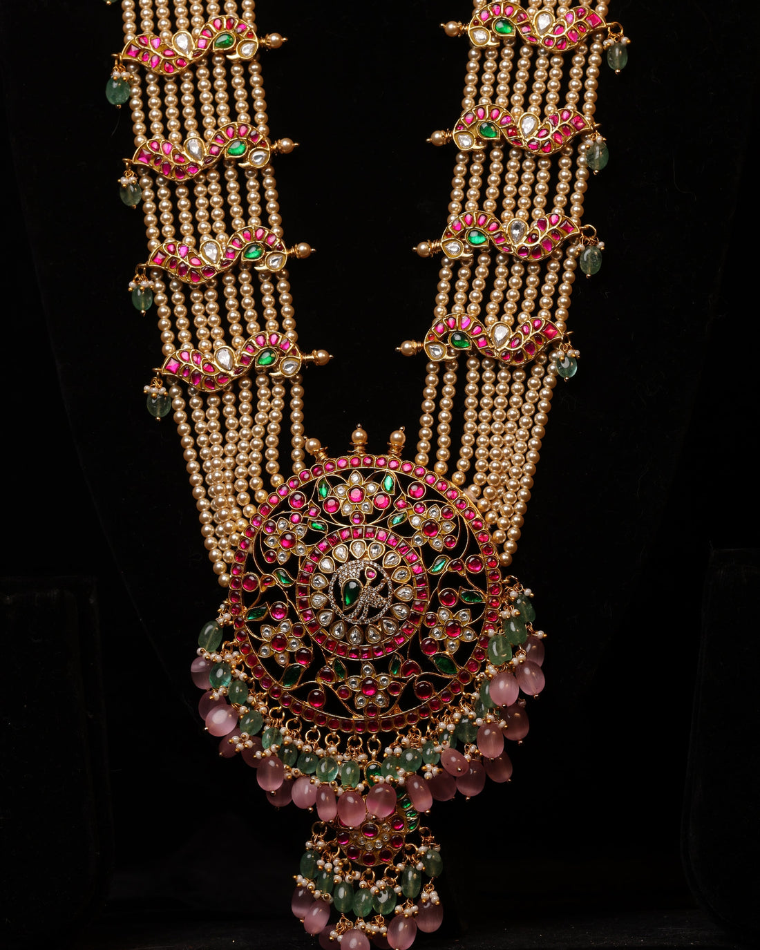 Maharani Multi-layer Pearl Ruby-Emerald haram