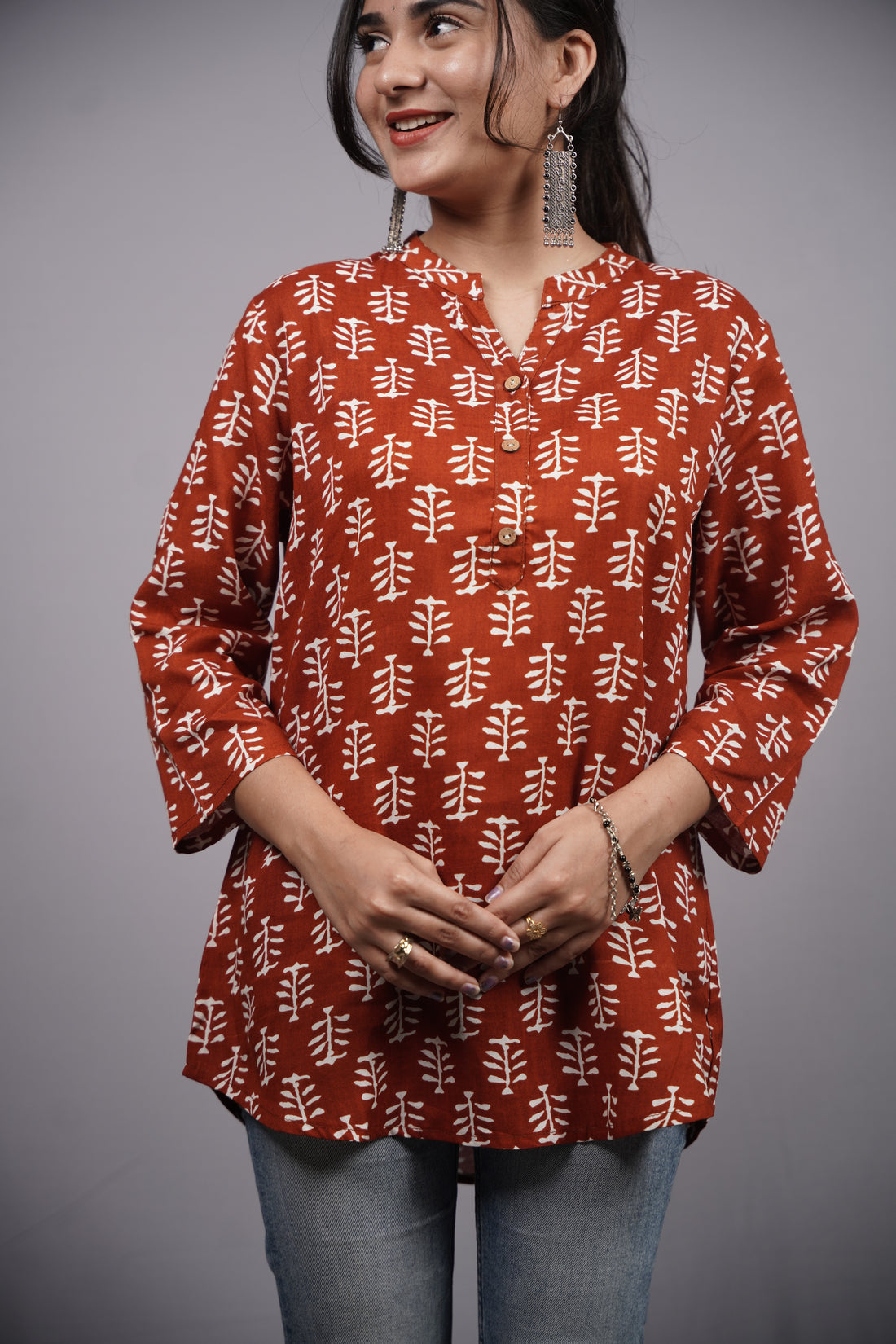 Rust Vriksha Handblock Cotton Short Kurti