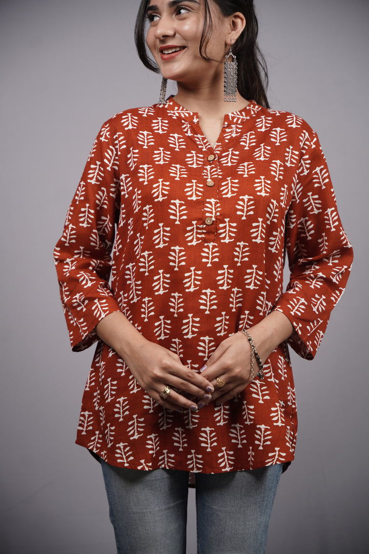 Rust Vriksha Handblock Cotton Short Kurti