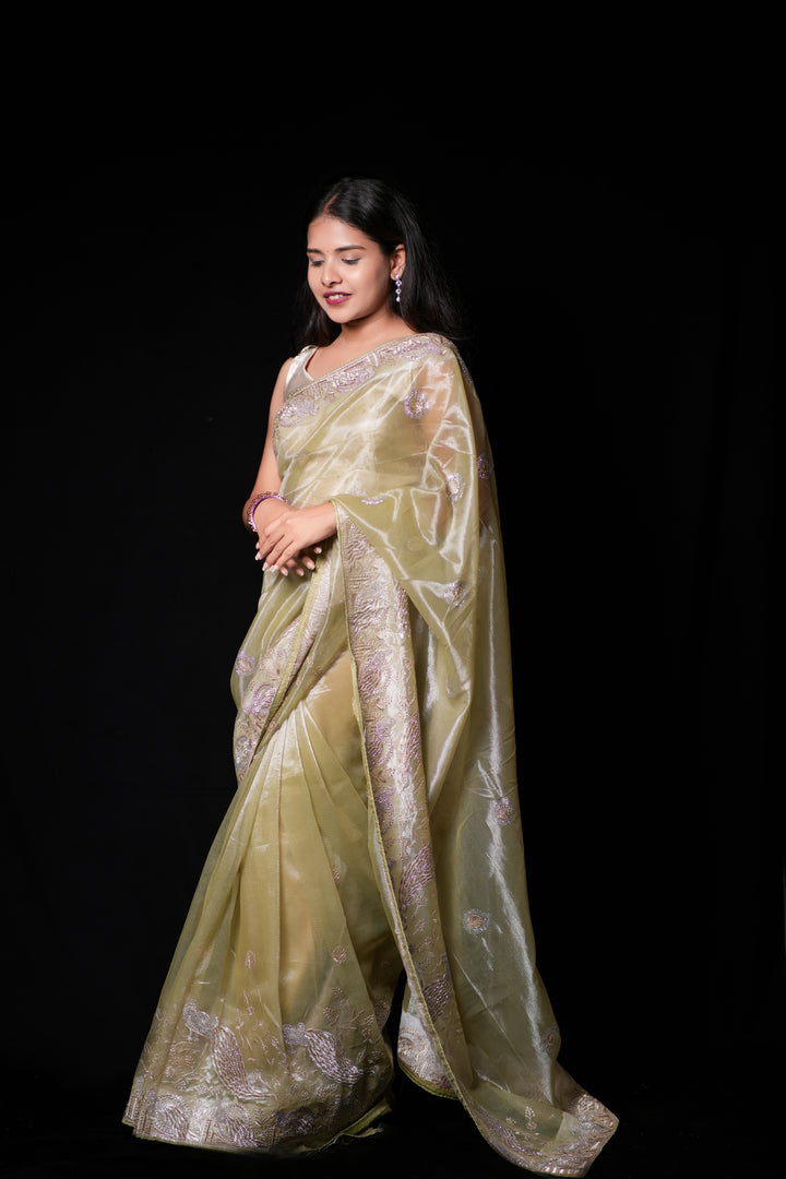 Pastel Pistachio Green with lace border Organza Tissue Saree