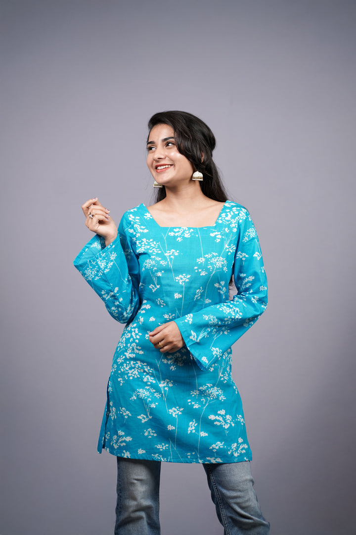Neerja Aqua Floral Jaipuri Short Kurti