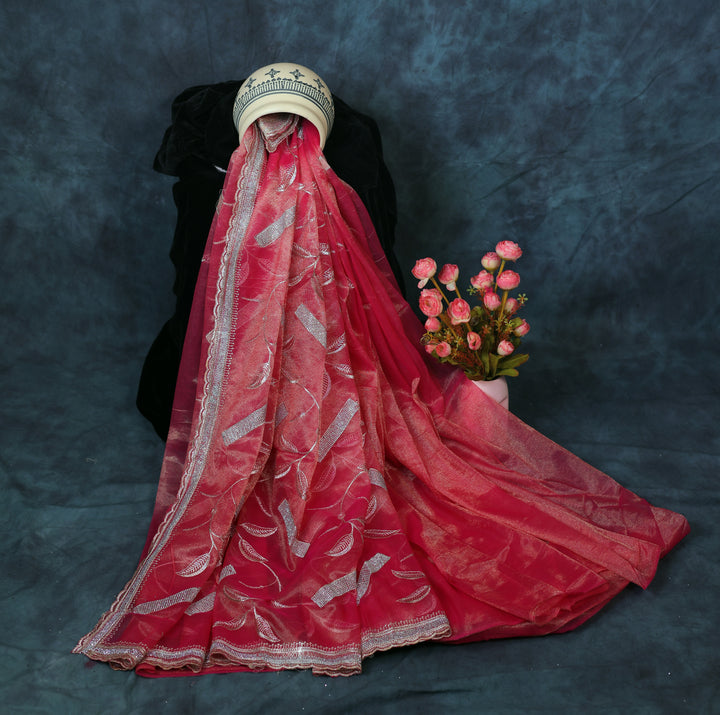 Deep Raspberry Pink  Light Weight Premium Organza Saree With Silver Leaf-Pattern Embroidery