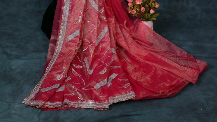 Deep Raspberry Pink  Light Weight Premium Organza Saree With Silver Leaf-Pattern Embroidery