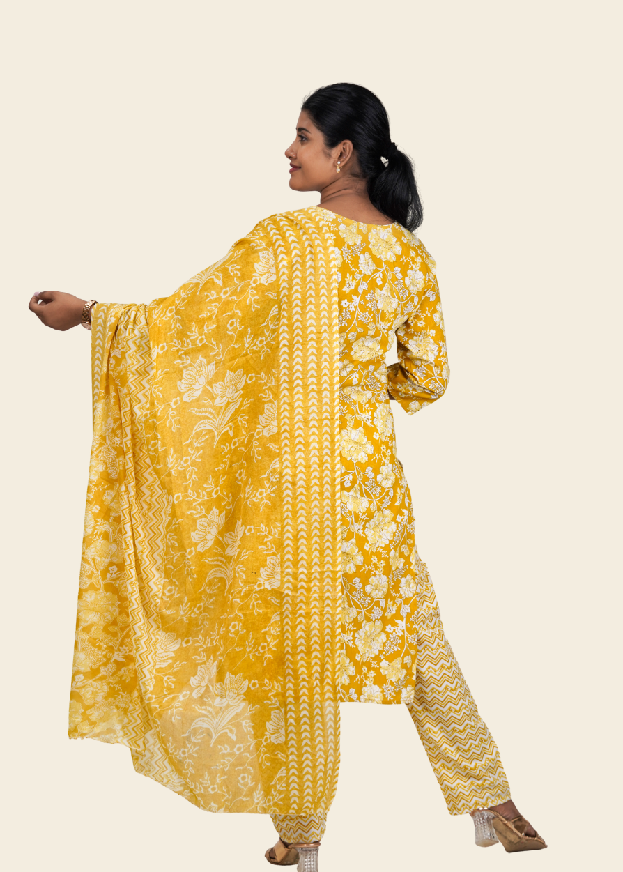 ISHNA Mustard Bloom Heritage Kurti Set