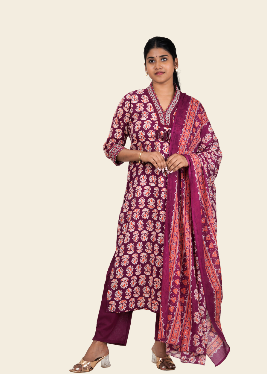 ISHNA Maroon Heritage Print Kurti Set