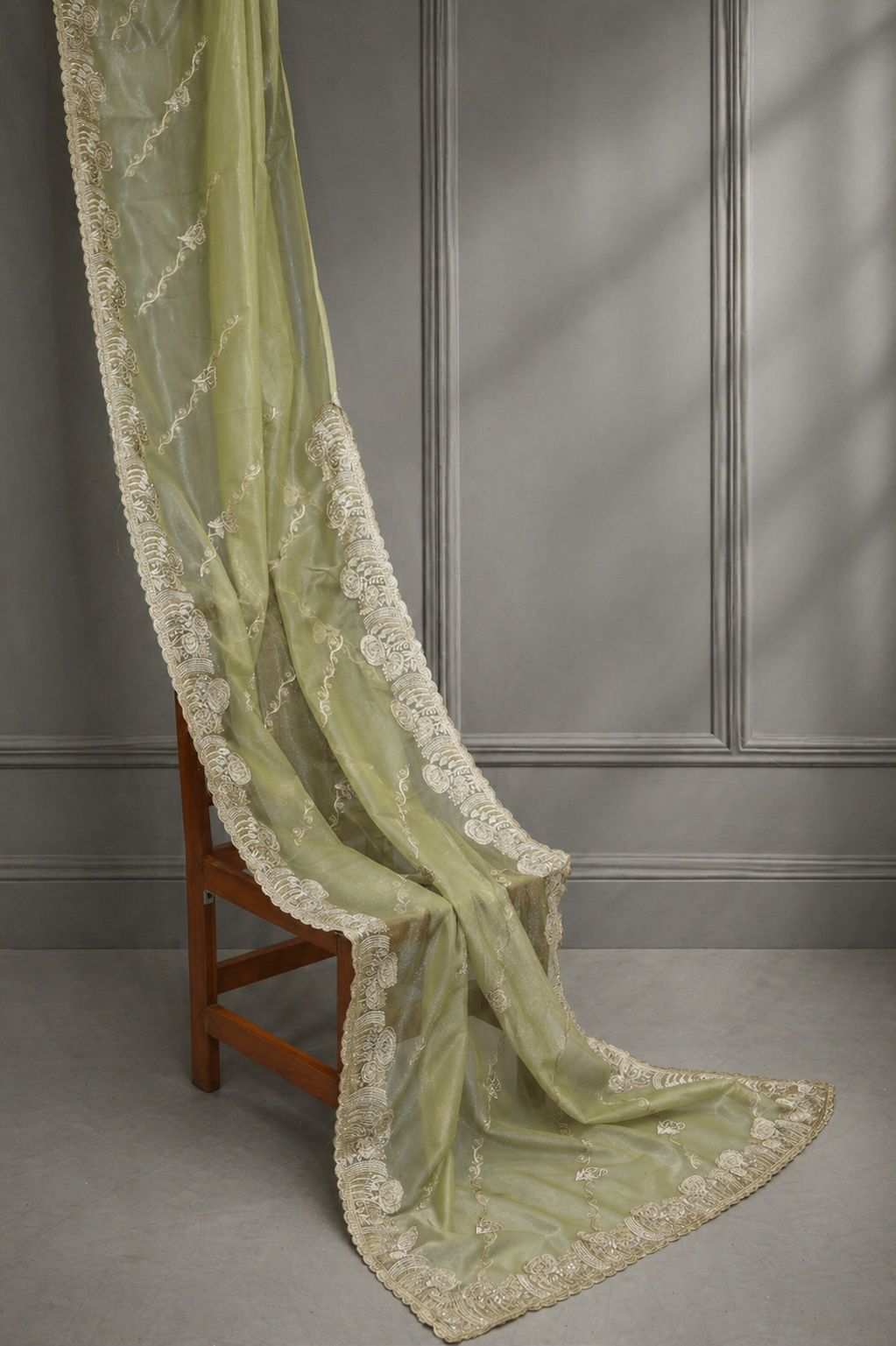 ISHNA Pista Green Organza Tissue Saree with Floral Embroidery Stone  Border